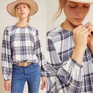 Anthropologie Cloth & Stone XS Glacier Plaid Blouse White Blue Check